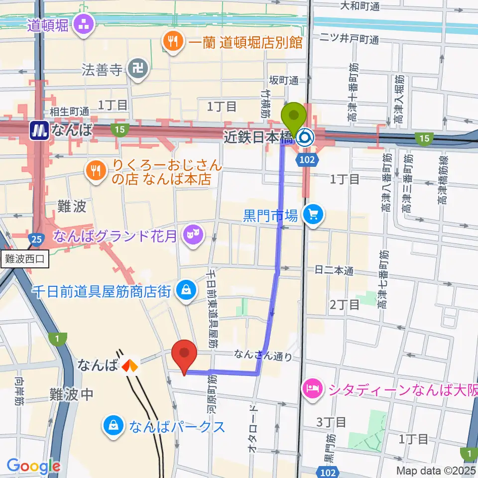 近鉄日本橋駅からおとぐら ＜音蔵＞へのルートマップ地図