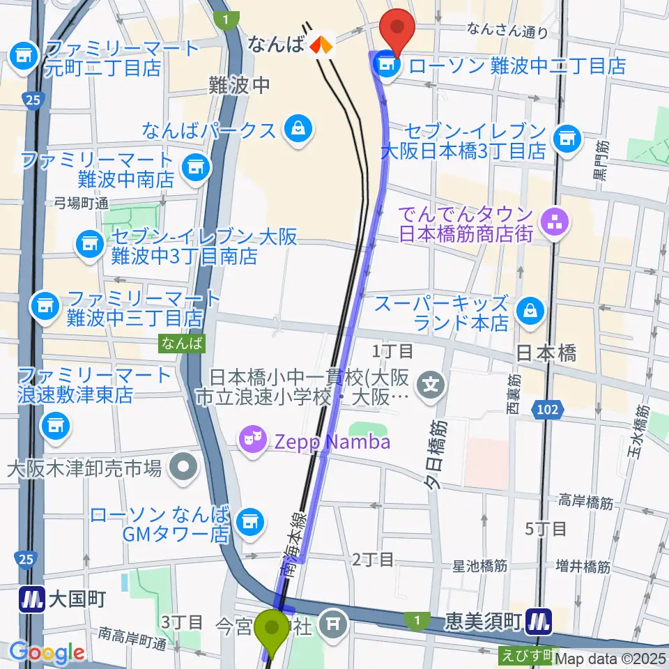 今宮戎駅からおとぐら ＜音蔵＞へのルートマップ地図