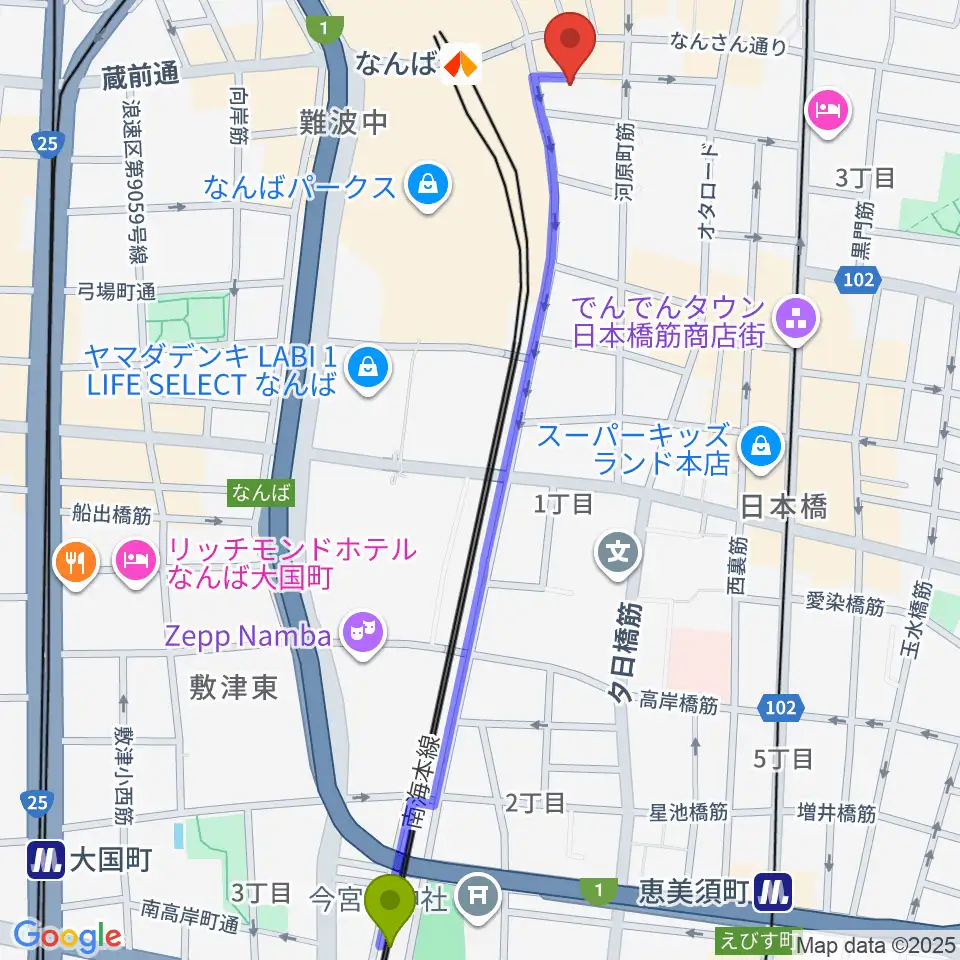 今宮戎駅からおとぐら ＜音蔵＞へのルートマップ地図