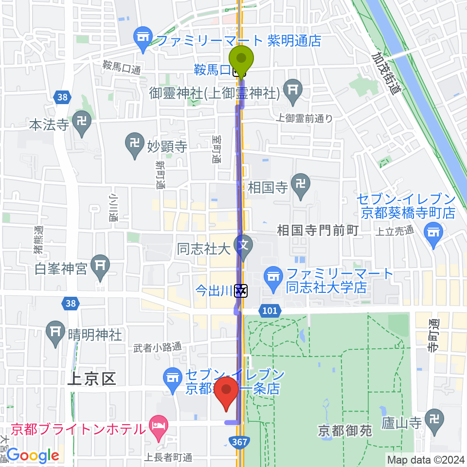 鞍馬口駅から京都府立府民ホールアルティへのルートマップ地図