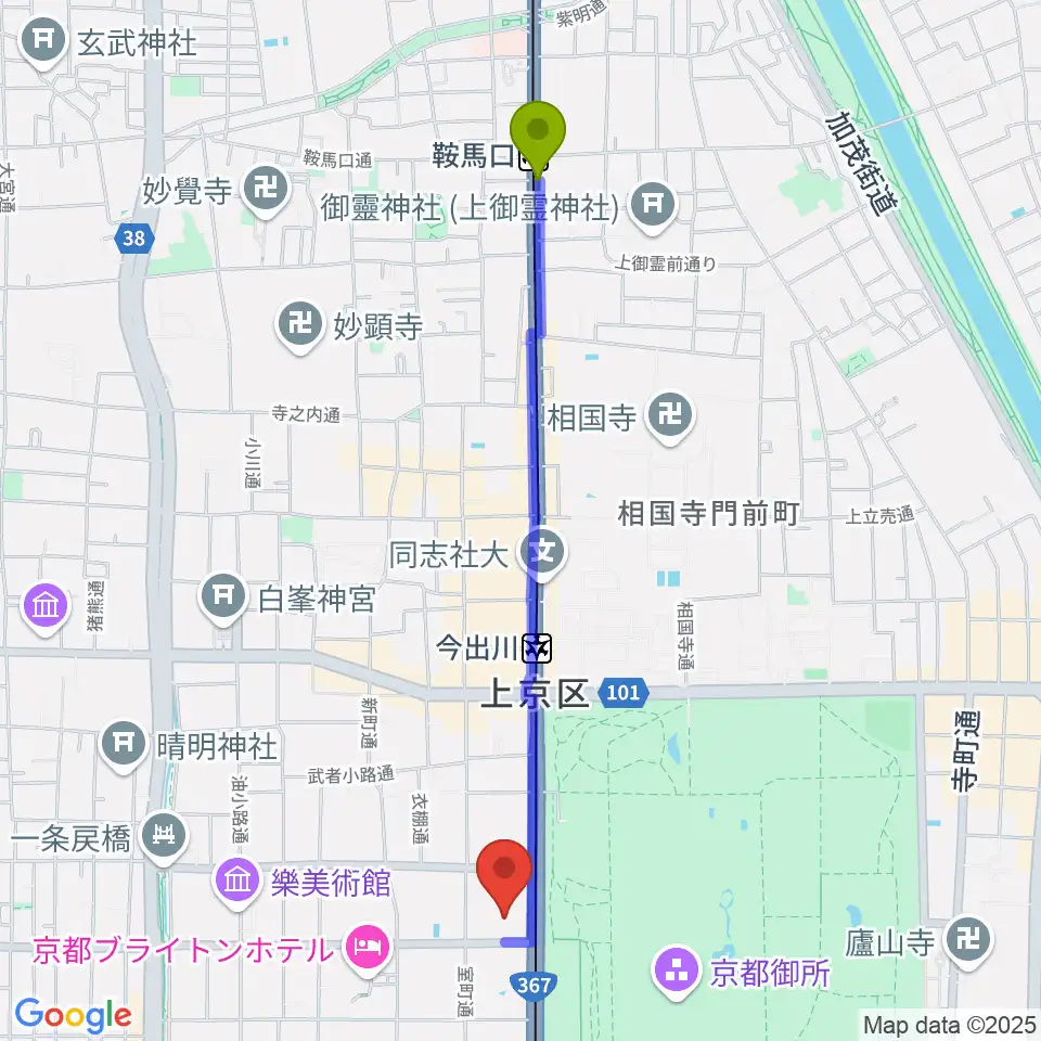 鞍馬口駅から京都府立府民ホールアルティへのルートマップ地図