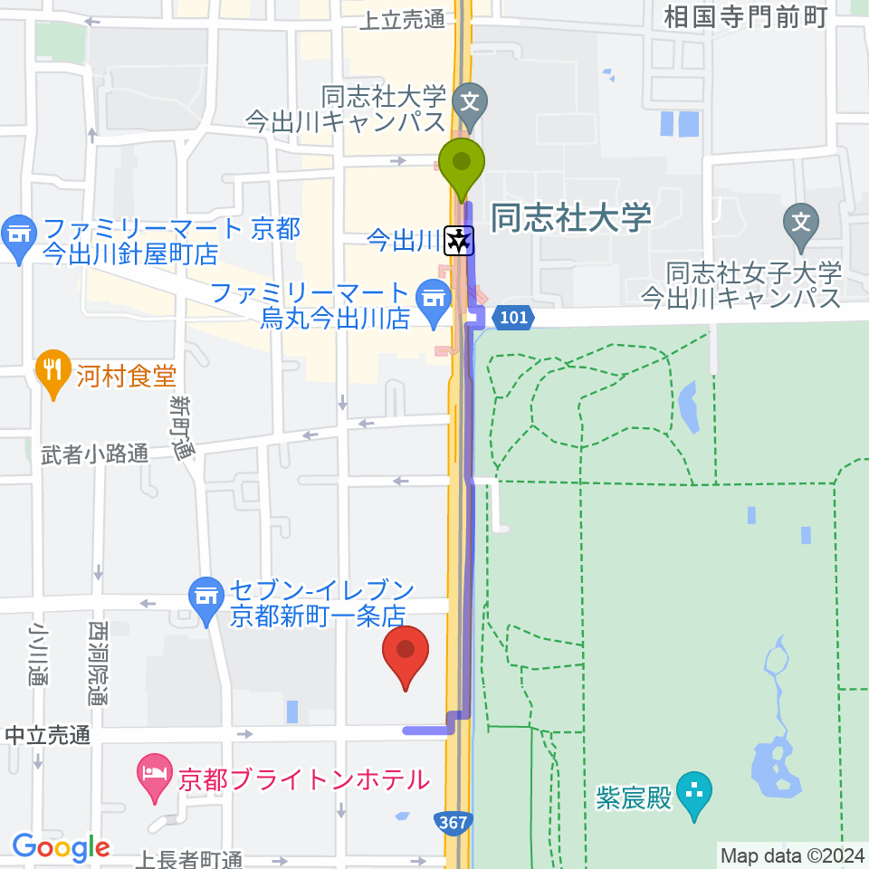 京都府立府民ホールアルティの最寄駅今出川駅からの徒歩ルート（約9分）地図