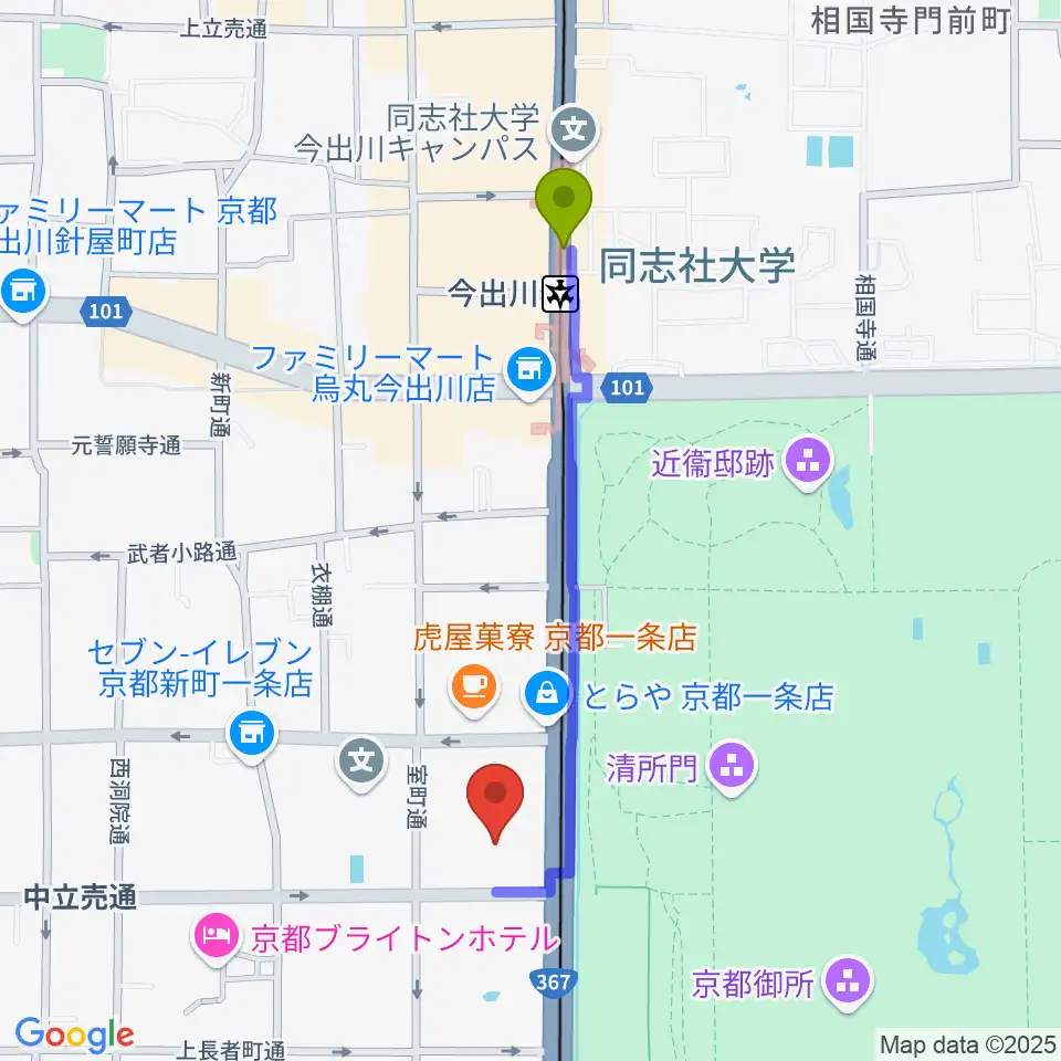 京都府立府民ホールアルティの最寄駅今出川駅からの徒歩ルート（約9分）地図