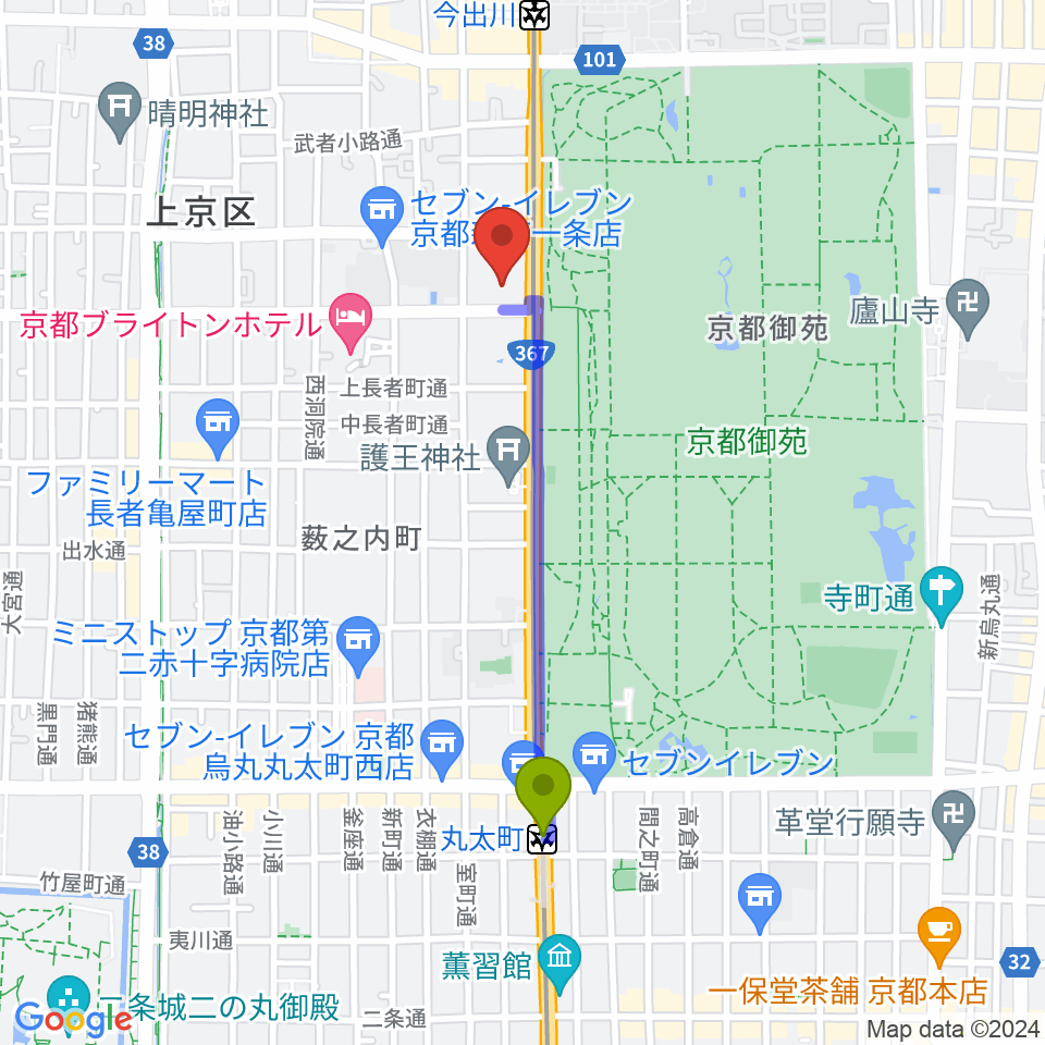 丸太町駅から京都府立府民ホールアルティへのルートマップ地図