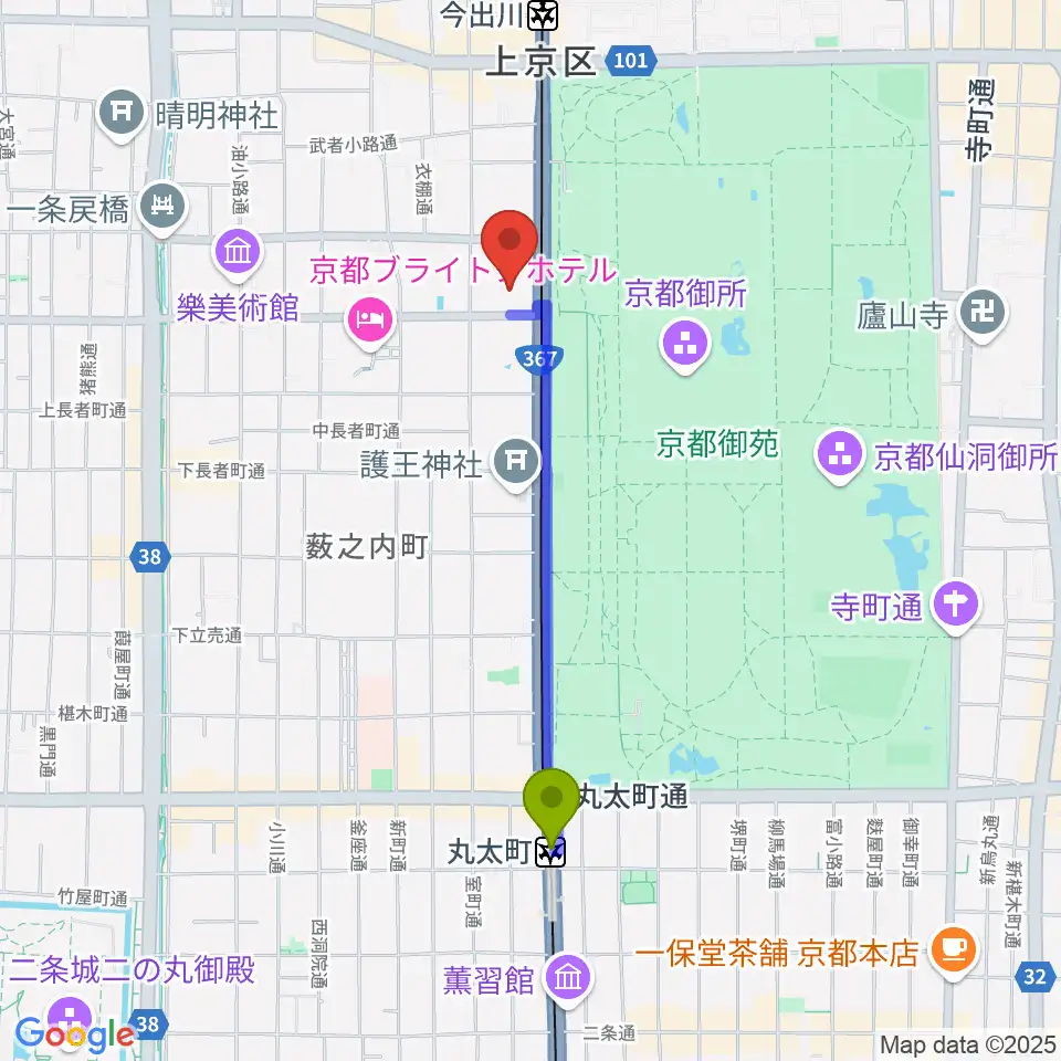丸太町駅から京都府立府民ホールアルティへのルートマップ地図