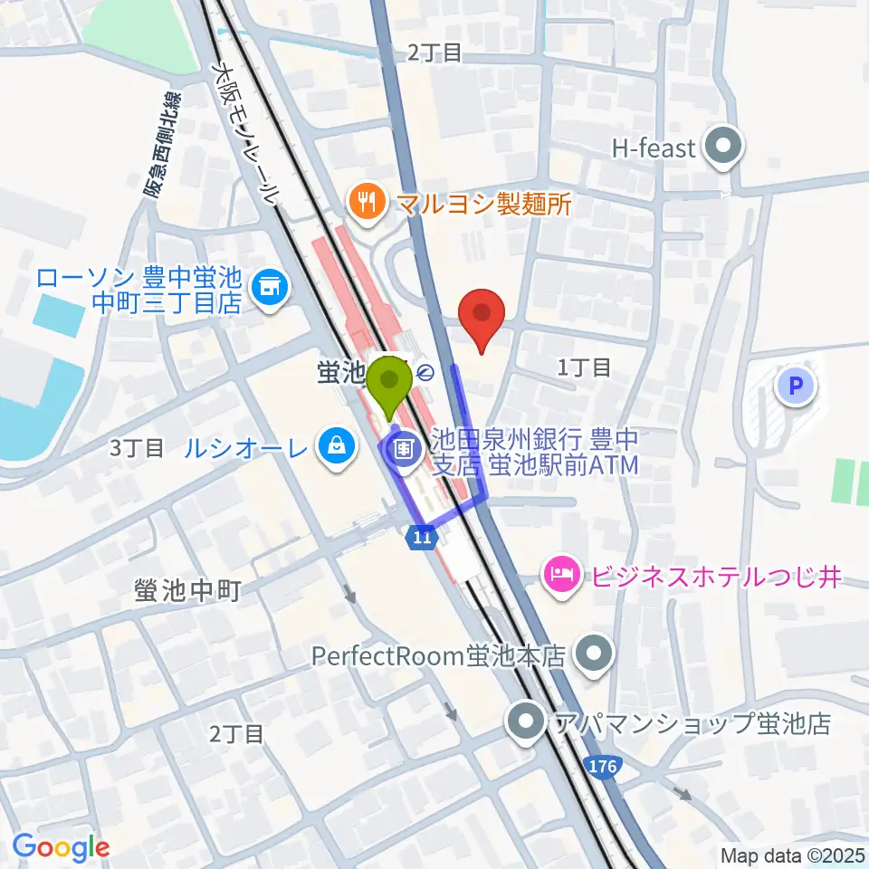 西尾ギター・ウクレレ教室の最寄駅蛍池駅からの徒歩ルート（約1分）地図