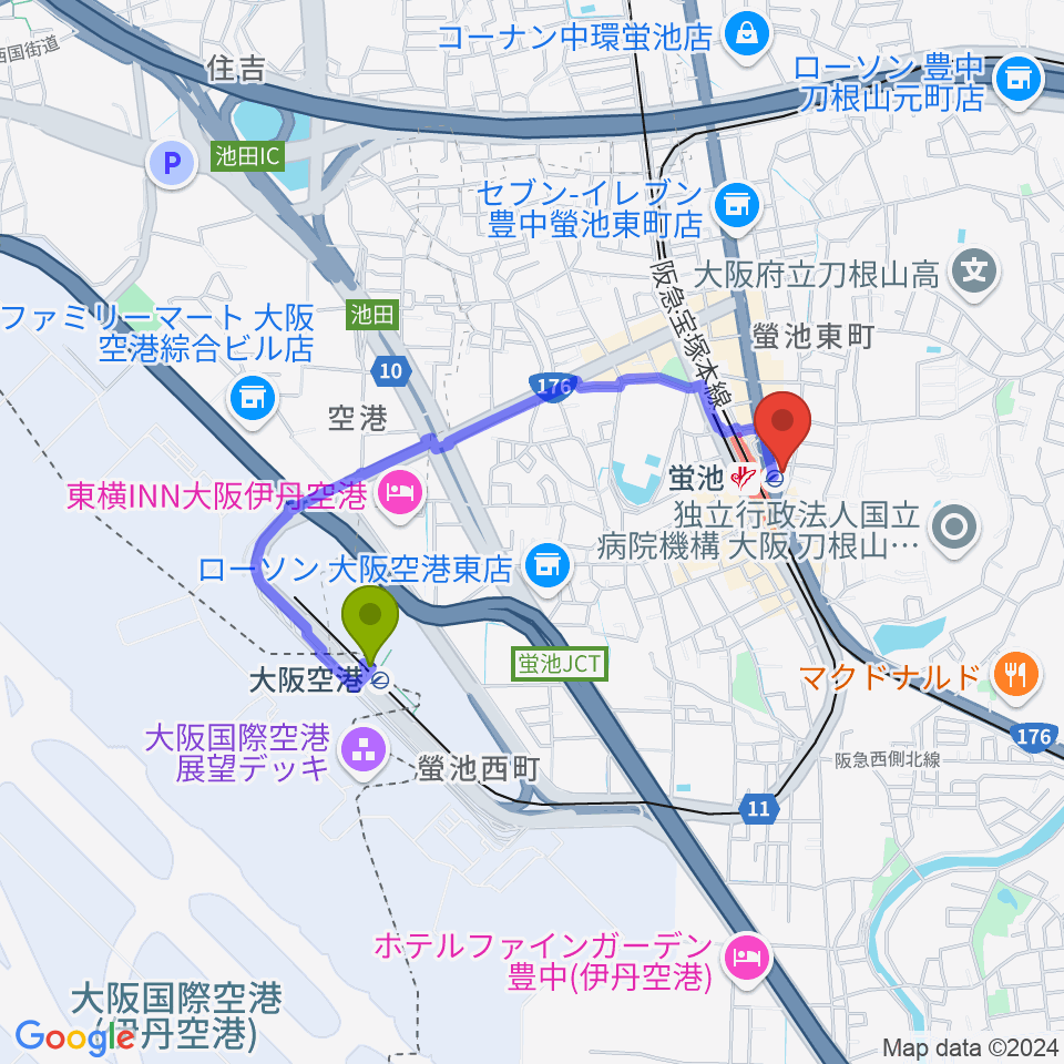 大阪空港駅から西尾ギター・ウクレレ教室へのルートマップ地図