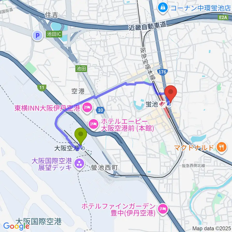 大阪空港駅から西尾ギター・ウクレレ教室へのルートマップ地図
