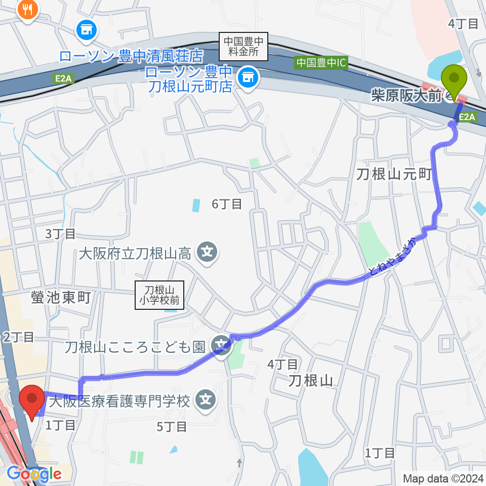 柴原阪大前駅から西尾ギター・ウクレレ教室へのルートマップ地図