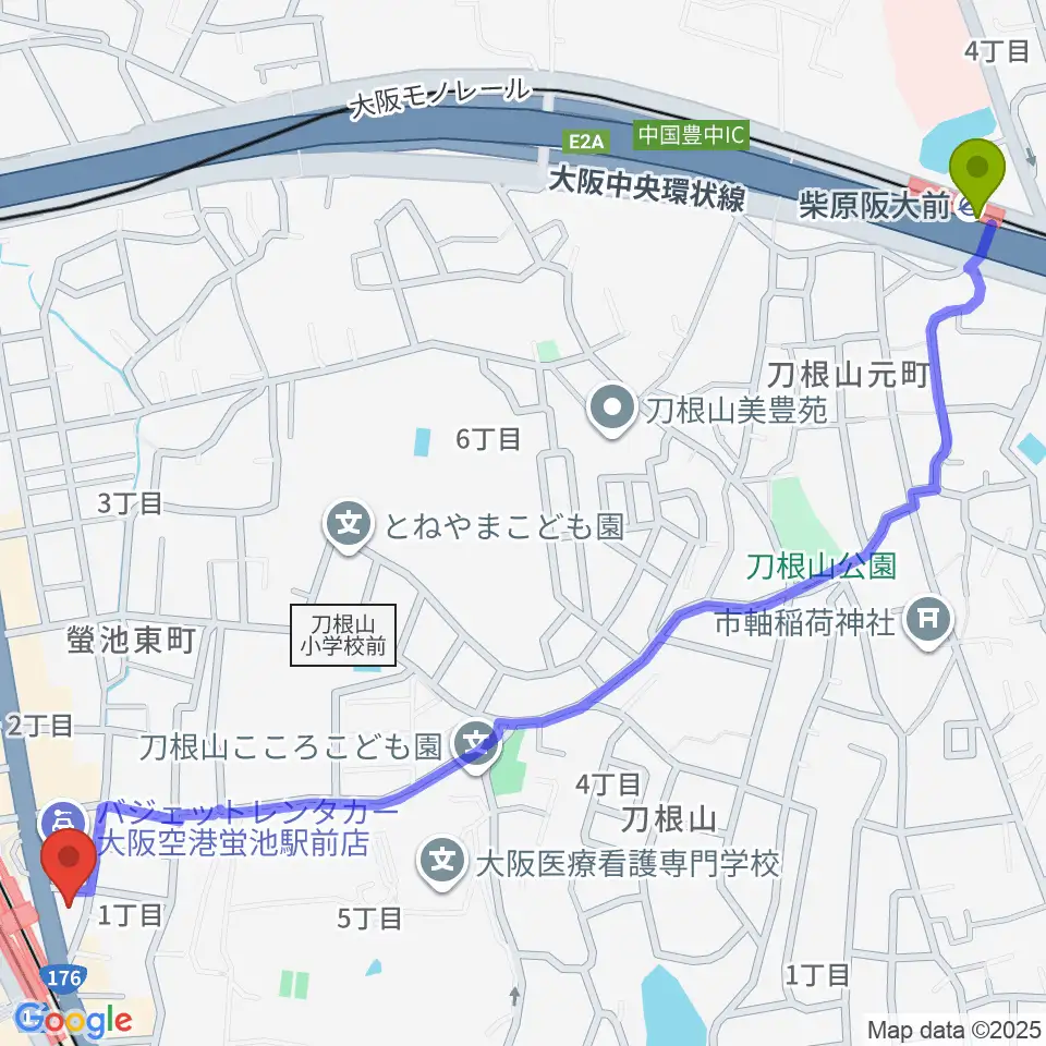 柴原阪大前駅から西尾ギター・ウクレレ教室へのルートマップ地図