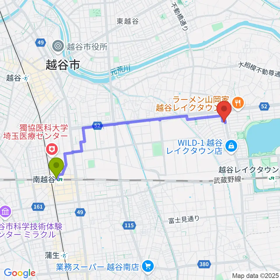 南越谷駅から越谷ノイズゲートへのルートマップ地図
