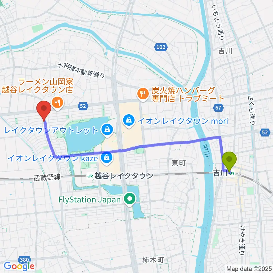 吉川駅から越谷ノイズゲートへのルートマップ地図