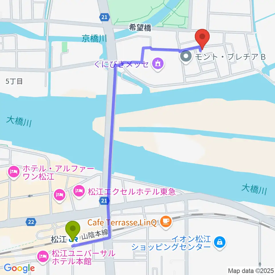 車田音楽教室 松江教室の最寄駅松江駅からの徒歩ルート（約13分）地図