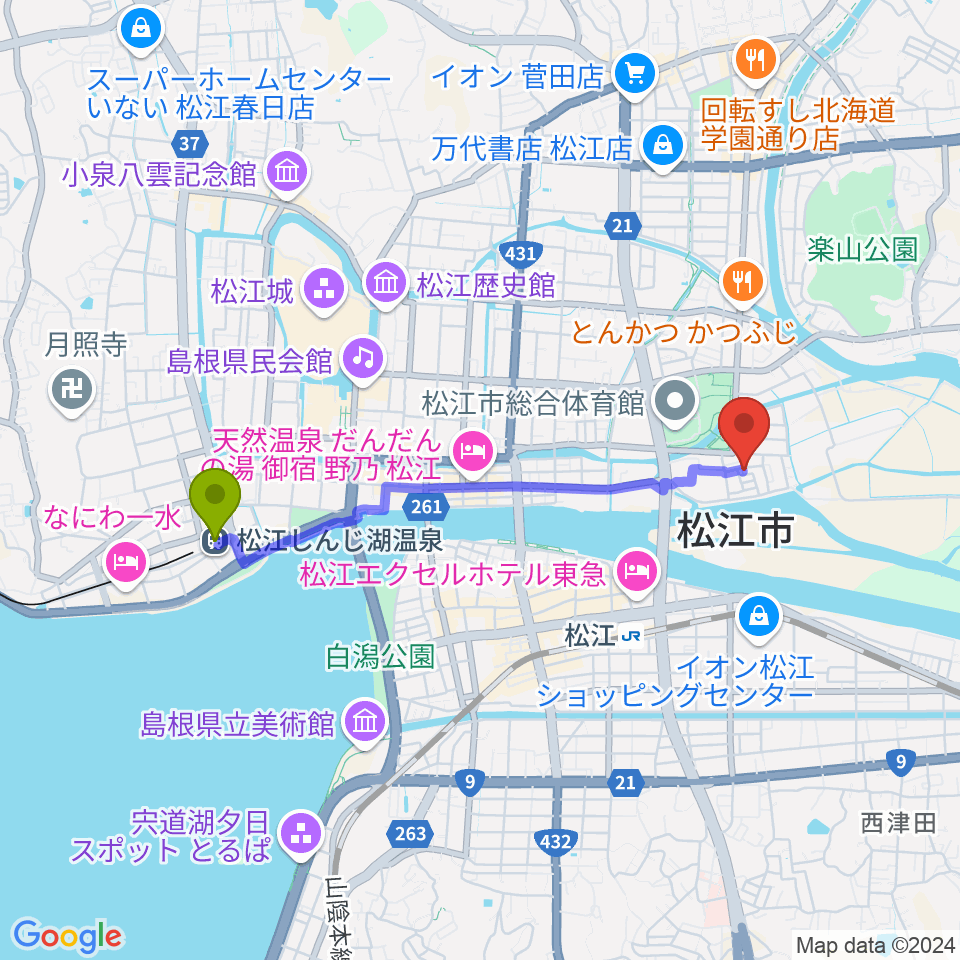 松江しんじ湖温泉駅から車田音楽教室 松江教室へのルートマップ地図