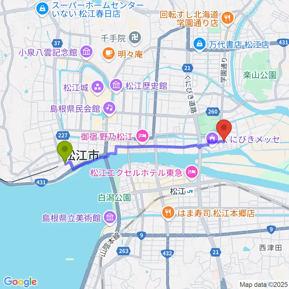 松江しんじ湖温泉駅から車田音楽教室 松江教室へのルートマップ地図