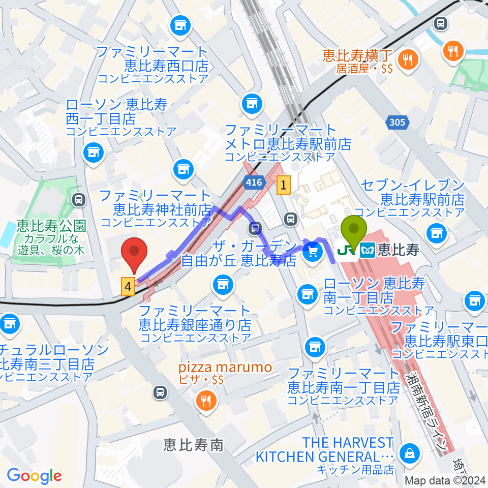 ドルフィンギターズ東京店の最寄駅恵比寿駅からの徒歩ルート（約4分）地図