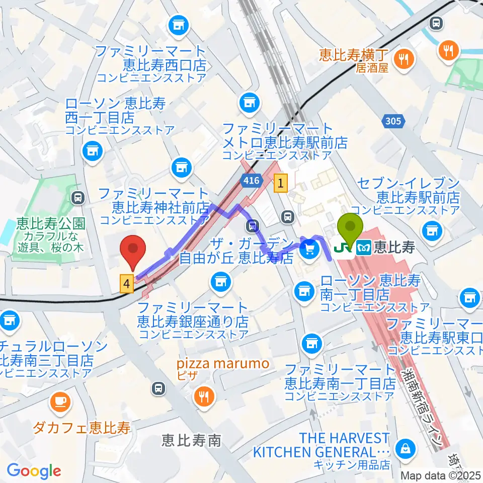 ドルフィンギターズ東京店の最寄駅恵比寿駅からの徒歩ルート（約4分）地図