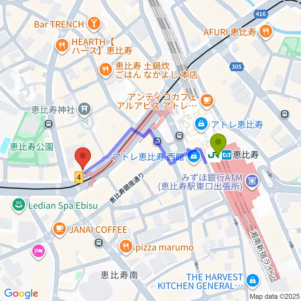 ドルフィンギターズ東京店の最寄駅恵比寿駅からの徒歩ルート（約4分）地図