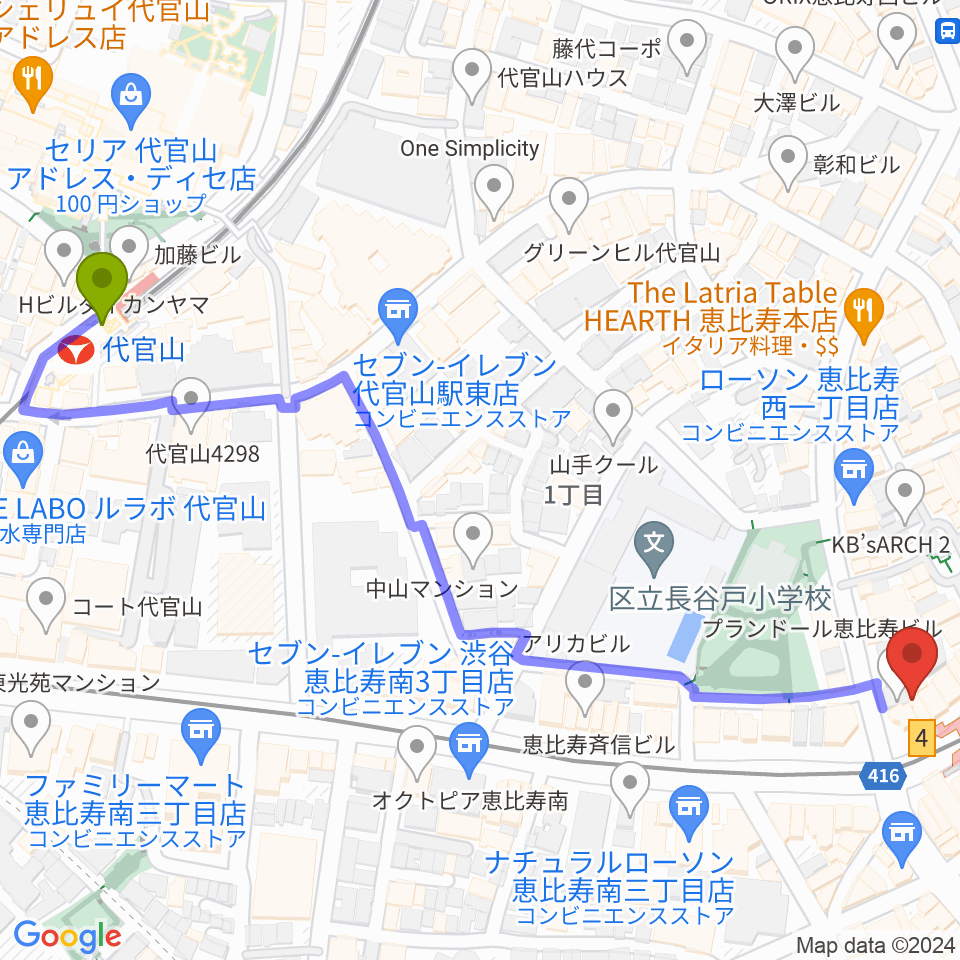 代官山駅からドルフィンギターズ恵比寿店へのルートマップ地図