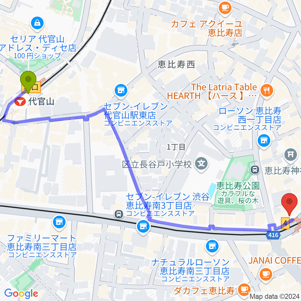 代官山駅からドルフィンギターズ東京店へのルートマップ地図