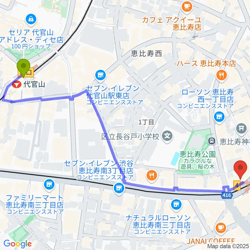 代官山駅からドルフィンギターズ東京店へのルートマップ地図