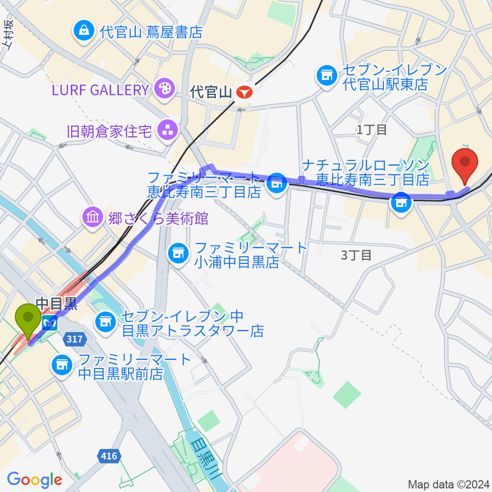 中目黒駅からドルフィンギターズ東京店へのルートマップ地図