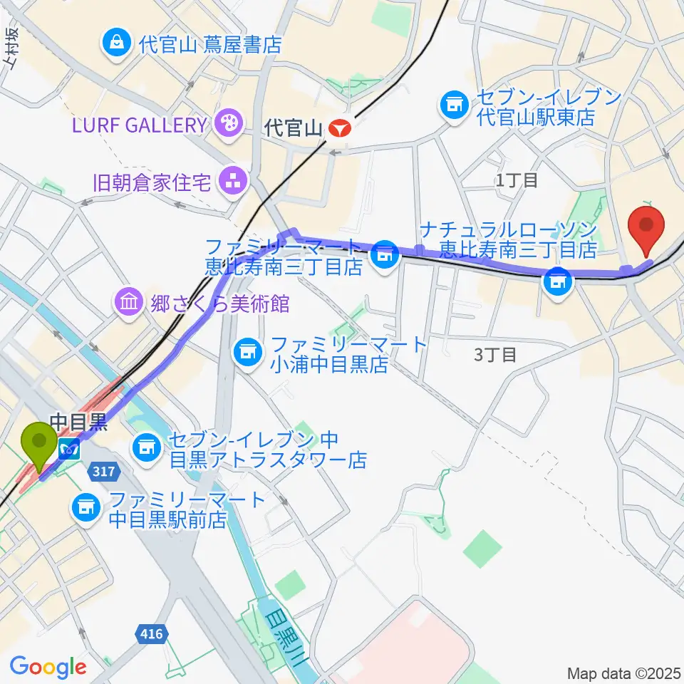 中目黒駅からドルフィンギターズ東京店へのルートマップ地図