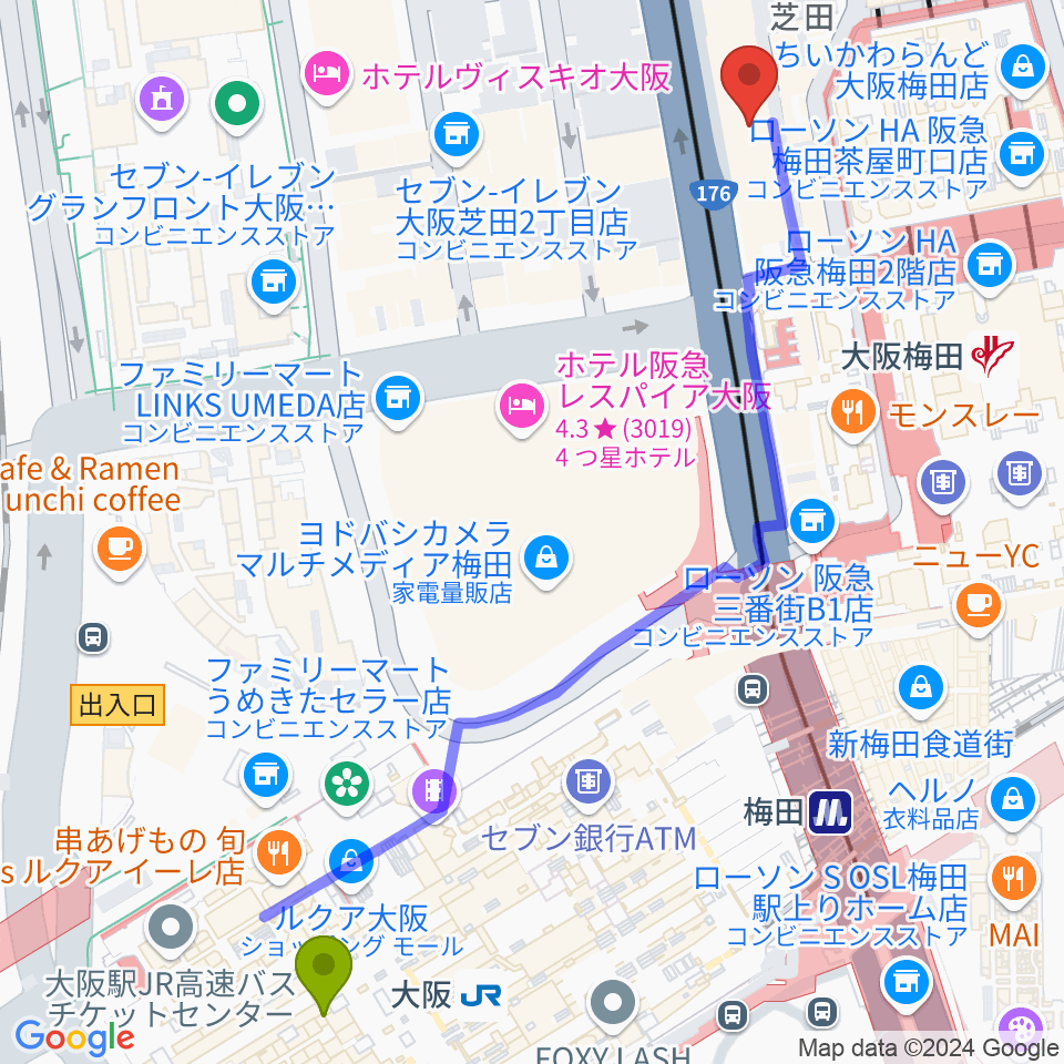 ミュージックアベニュー梅田の最寄駅大阪駅からの徒歩ルート（約7分）地図