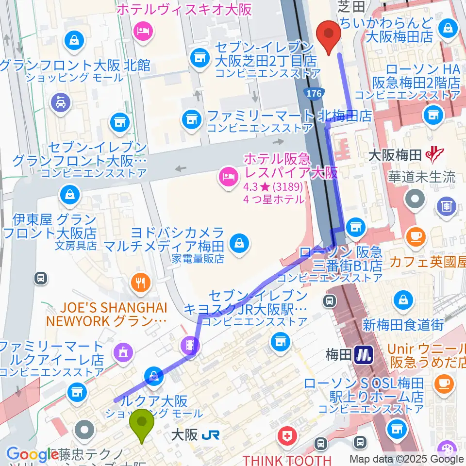 ミュージックアベニュー梅田の最寄駅大阪駅からの徒歩ルート（約7分）地図