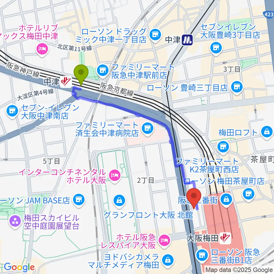 中津駅からミュージックアベニュー梅田へのルートマップ地図