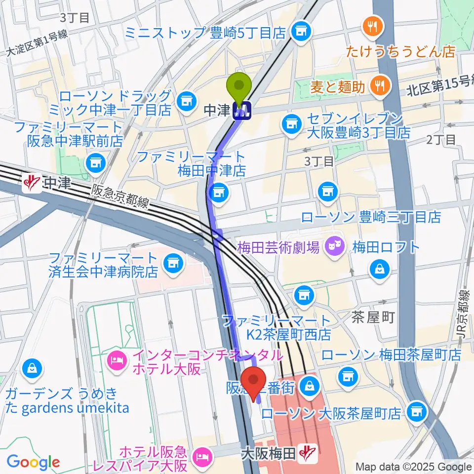 中津駅からミュージックアベニュー梅田へのルートマップ地図