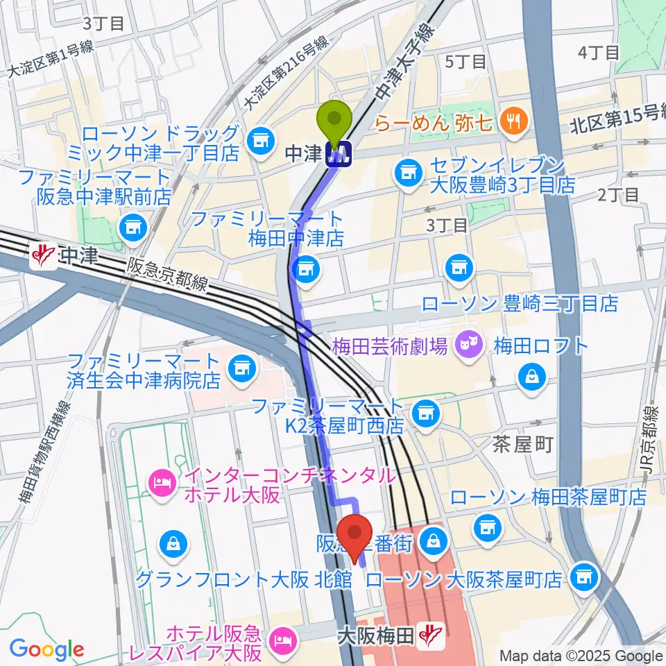 中津駅からミュージックアベニュー梅田へのルートマップ地図