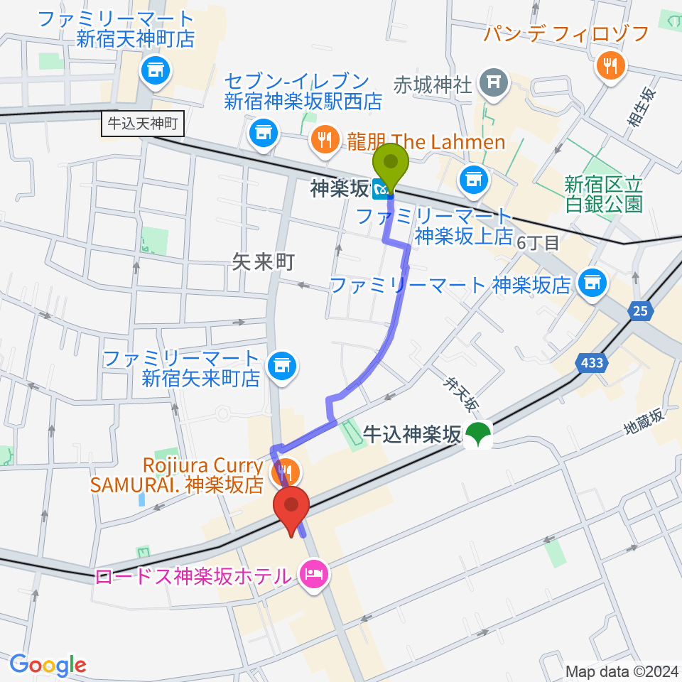 神楽坂駅から神楽坂 NOTES音楽教室へのルートマップ地図