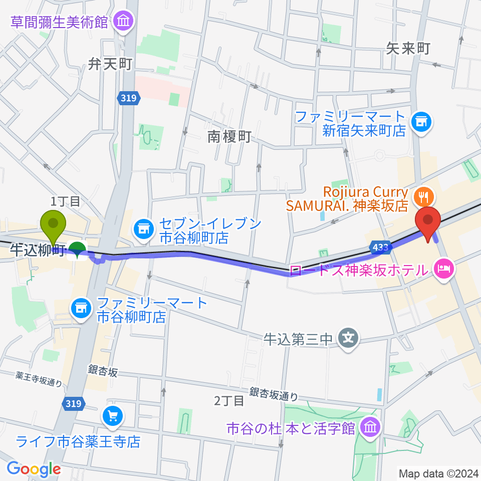 牛込柳町駅から神楽坂 NOTES音楽教室へのルートマップ地図