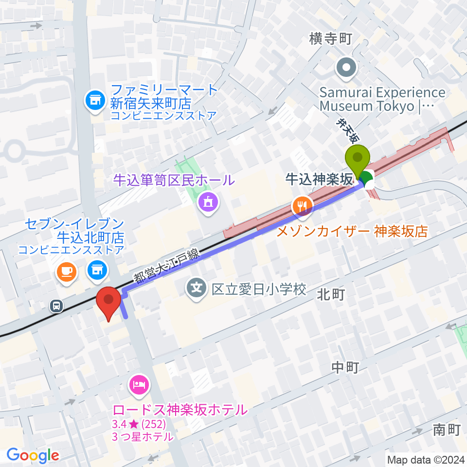 神楽坂 NOTES音楽教室の最寄駅牛込神楽坂駅からの徒歩ルート（約5分）地図