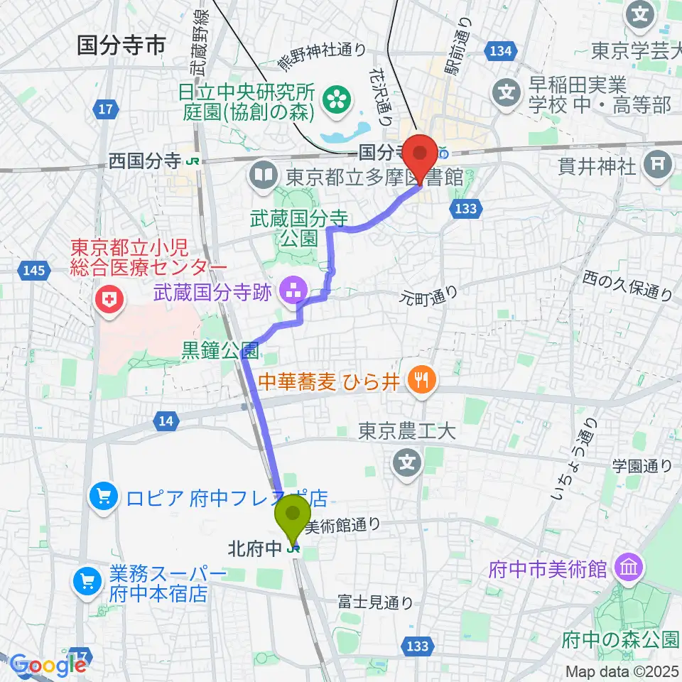 北府中駅から東京吃音改善研究所へのルートマップ地図