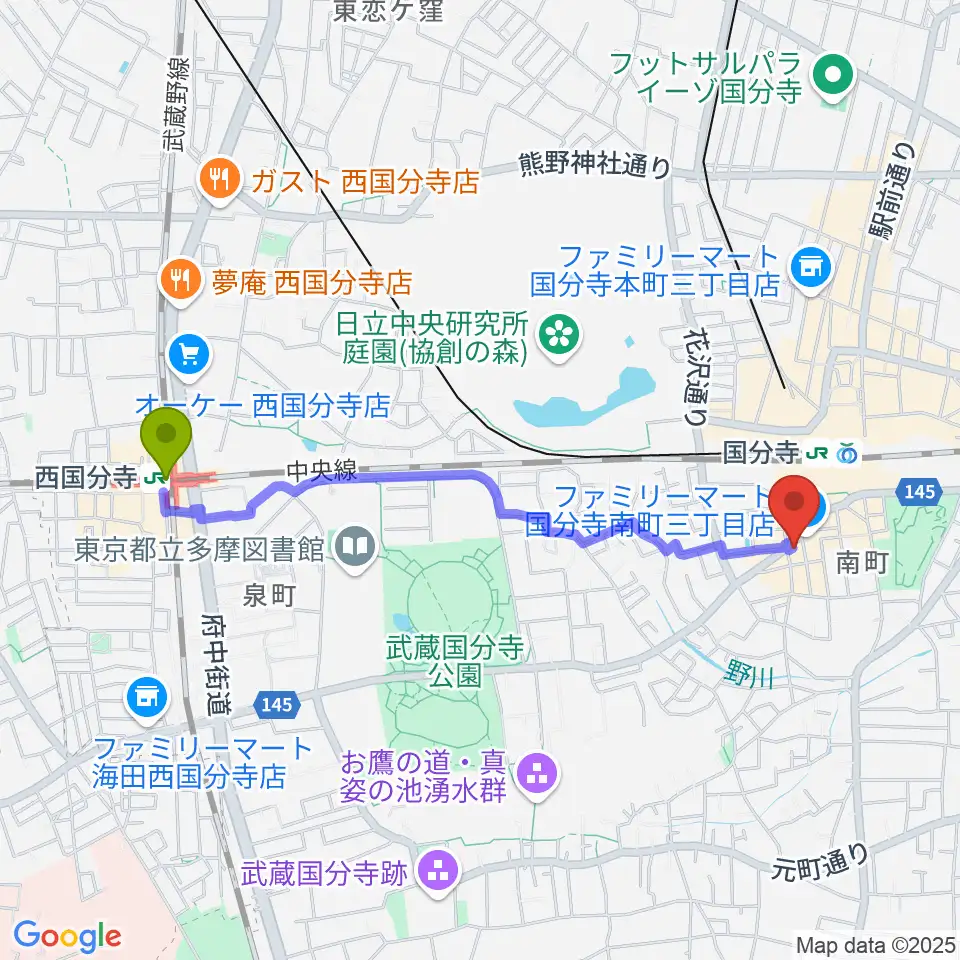 西国分寺駅から東京吃音改善研究所へのルートマップ地図