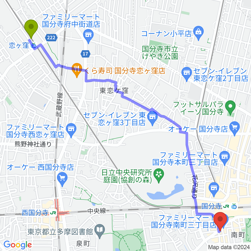 恋ヶ窪駅から東京吃音改善研究所へのルートマップ地図