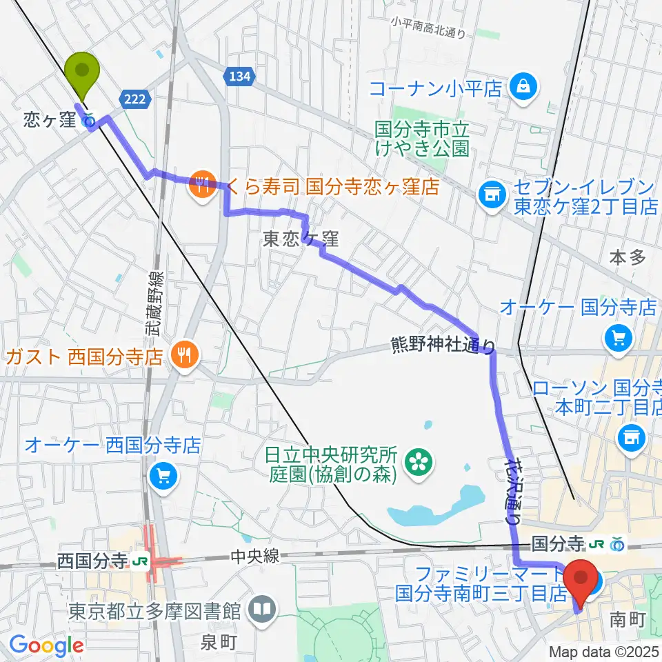 恋ヶ窪駅から東京吃音改善研究所へのルートマップ地図
