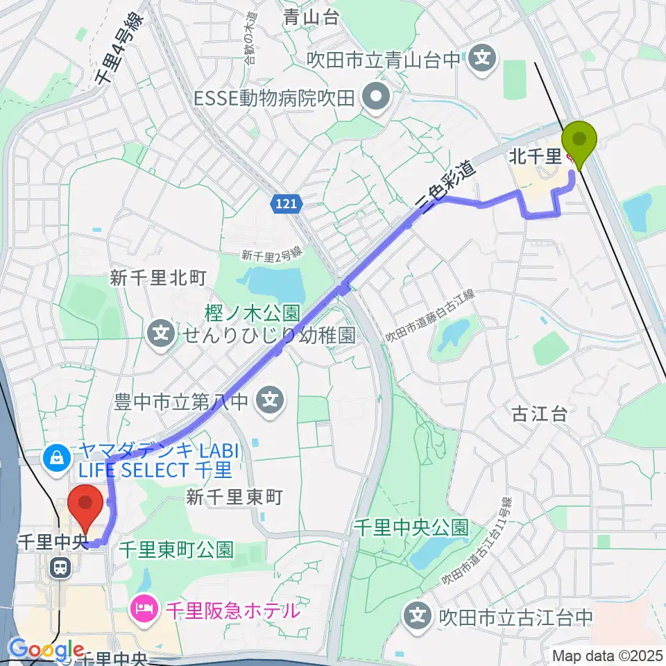 北千里駅から千里中央センター ヤマハミュージックへのルートマップ地図