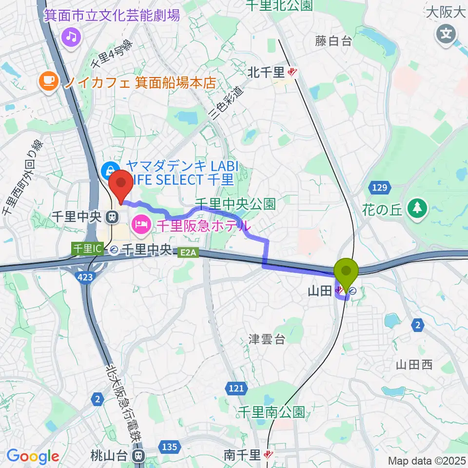 山田駅から千里中央センター ヤマハミュージックへのルートマップ地図