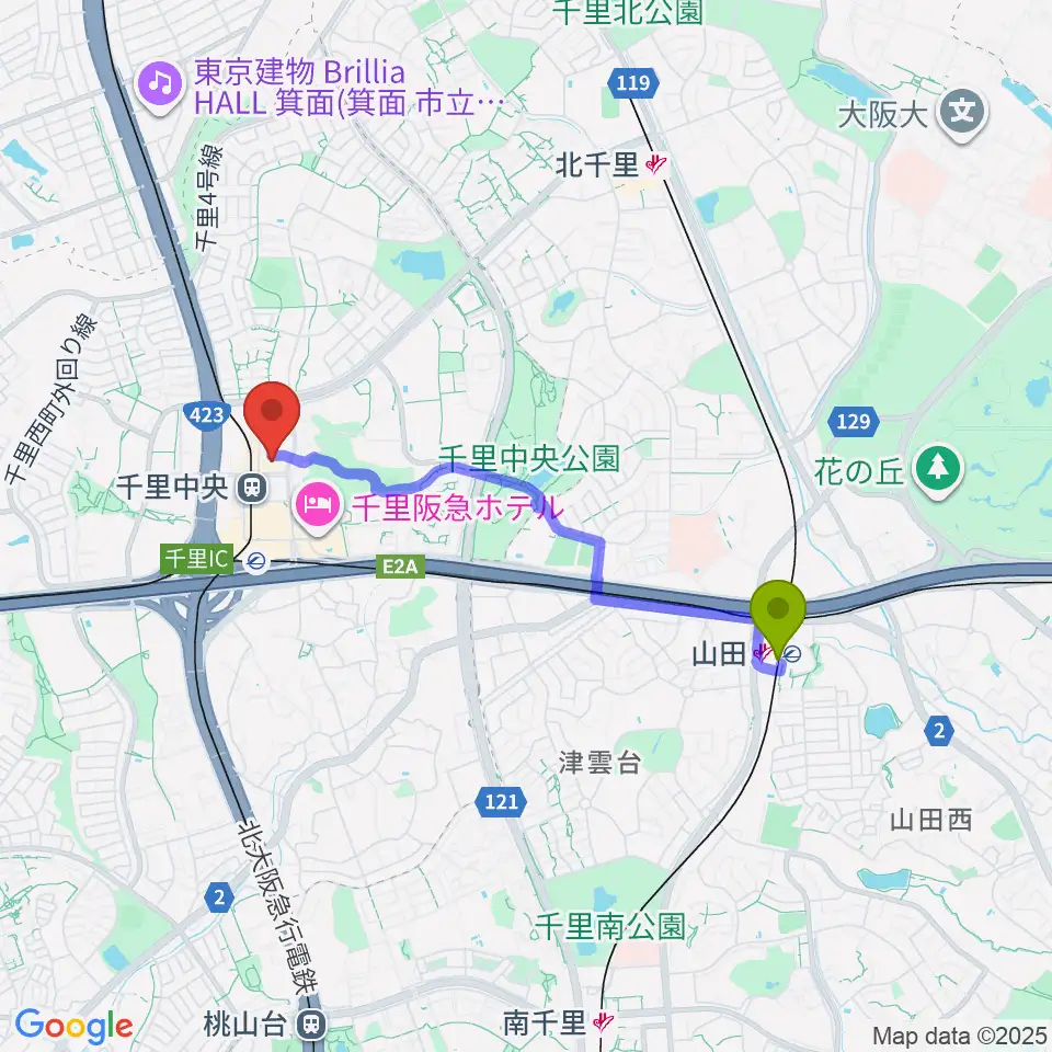 山田駅から千里中央センター ヤマハミュージックへのルートマップ地図