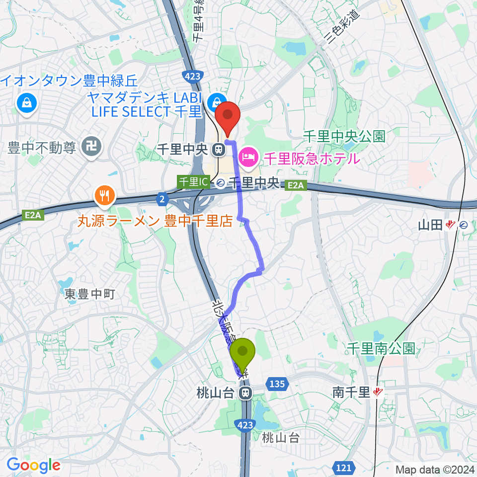 桃山台駅から千里中央センター ヤマハミュージックへのルートマップ地図