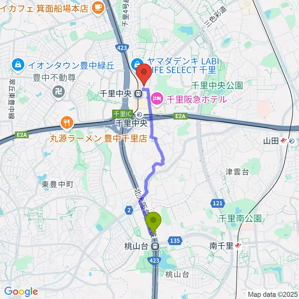 桃山台駅から千里中央センター ヤマハミュージックへのルートマップ地図