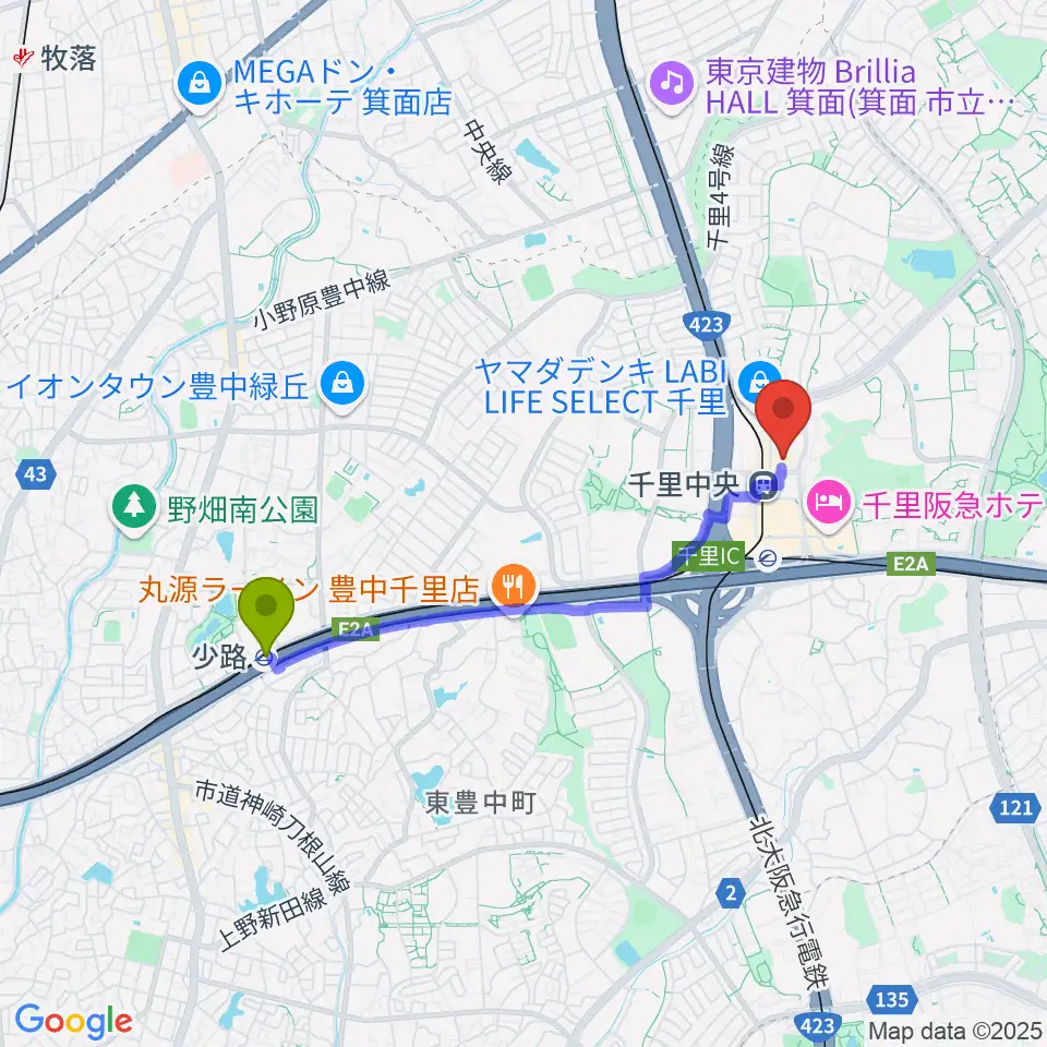少路駅から千里中央センター ヤマハミュージックへのルートマップ地図