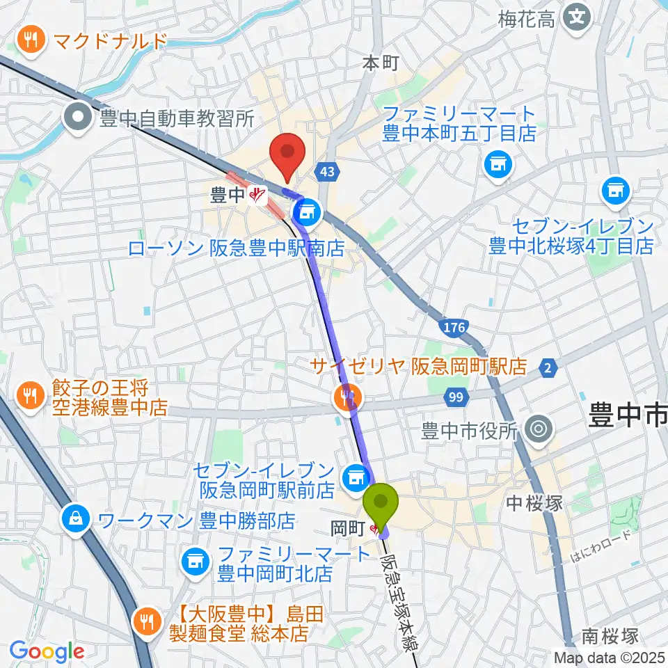 岡町駅からアミューズ豊中 ヤマハミュージックへのルートマップ地図