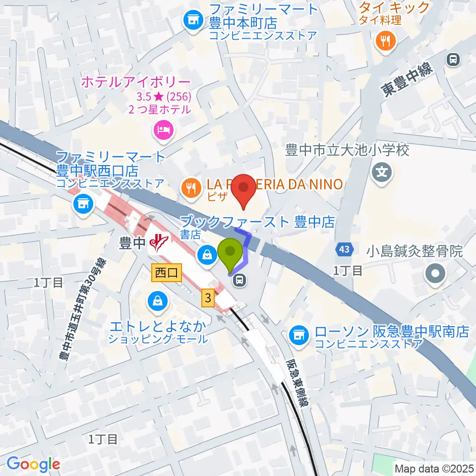 アミューズ豊中 ヤマハミュージックの最寄駅豊中駅からの徒歩ルート（約1分）地図