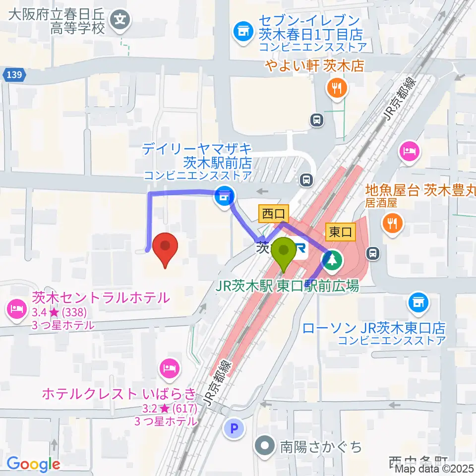 茨木センター ヤマハミュージックの最寄駅茨木駅からの徒歩ルート（約2分）地図