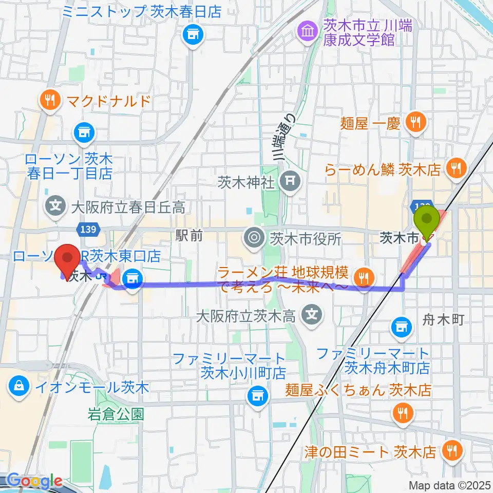 茨木市駅から茨木センター ヤマハミュージックへのルートマップ地図