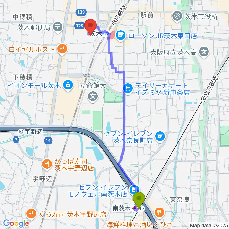 南茨木駅から茨木センター ヤマハミュージックへのルートマップ地図